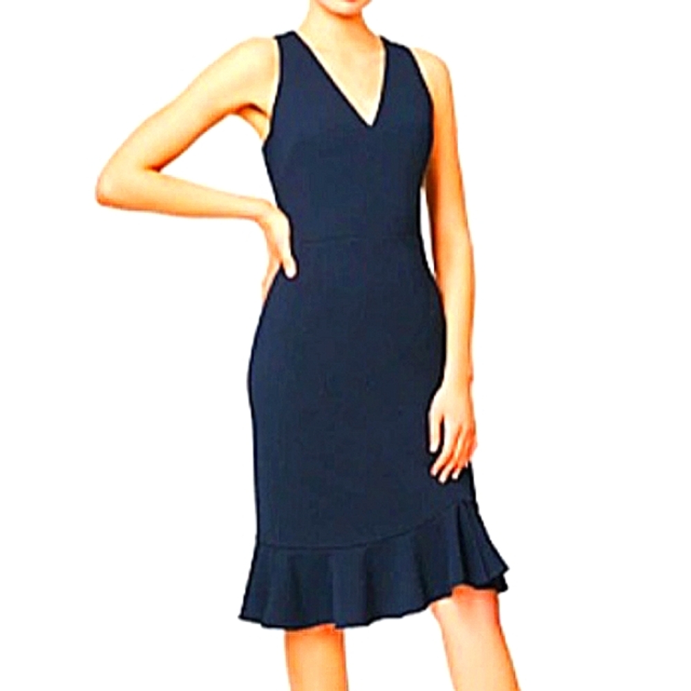 Betsey Johnson Stretch Crepe V Neck Sleeveless Dress Women's Sz 8 Navy Blue